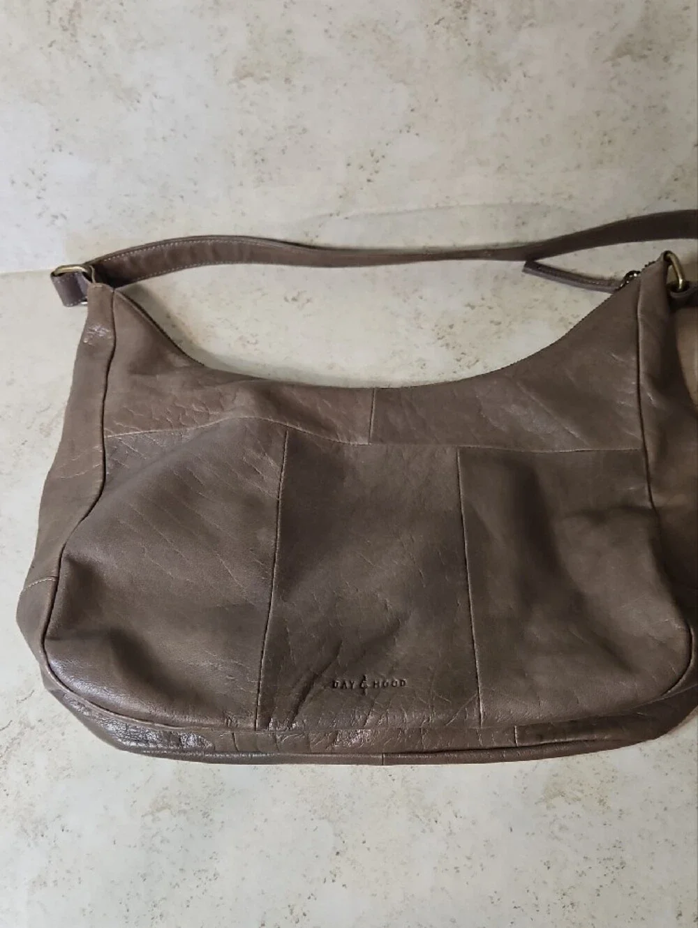 Women's Taupe Shoulder Bag with Woven Trim and Front Zip